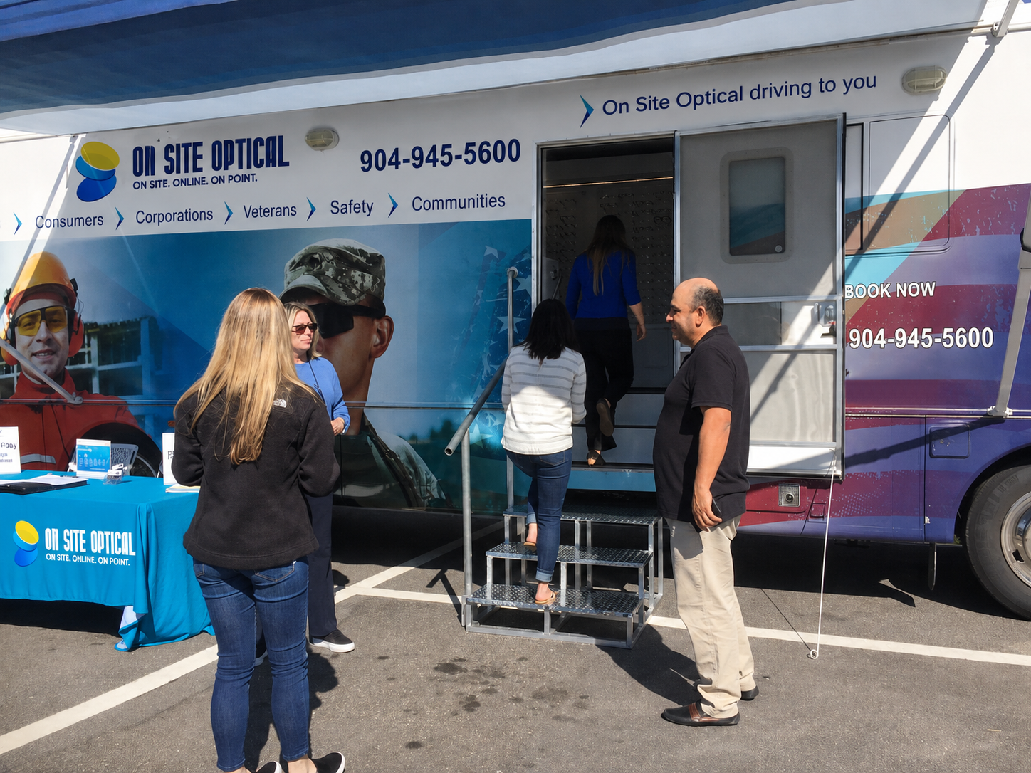 Customers visiting the On Site Optical mobile clinic